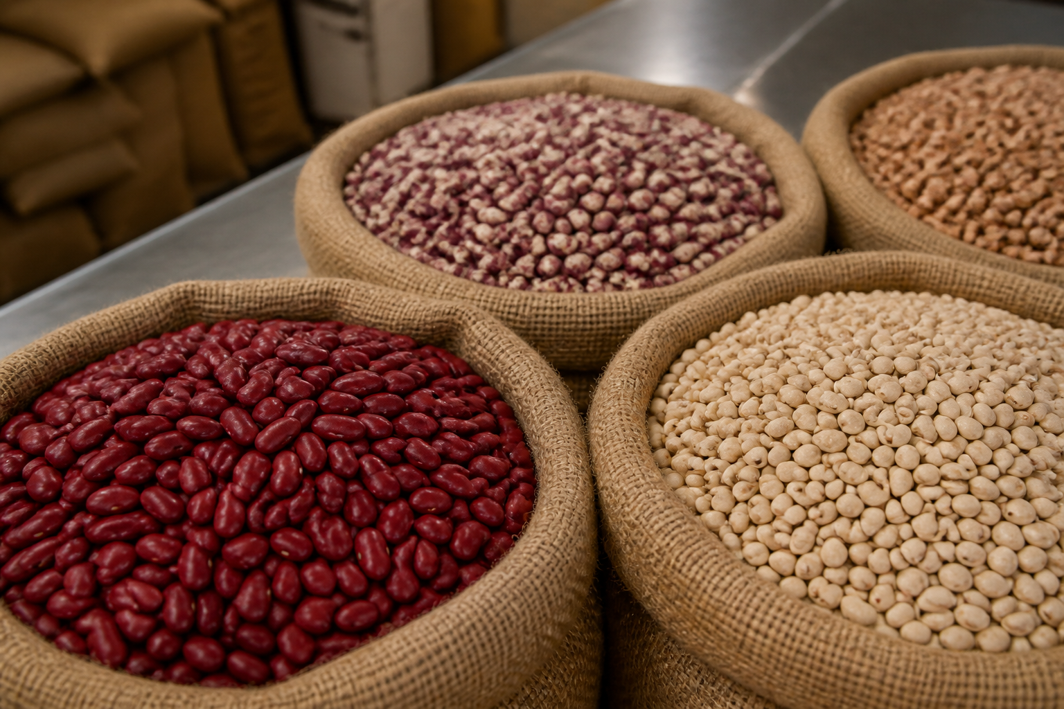Mixed dry bean varieties presented in bulk burlap sacks for procurement