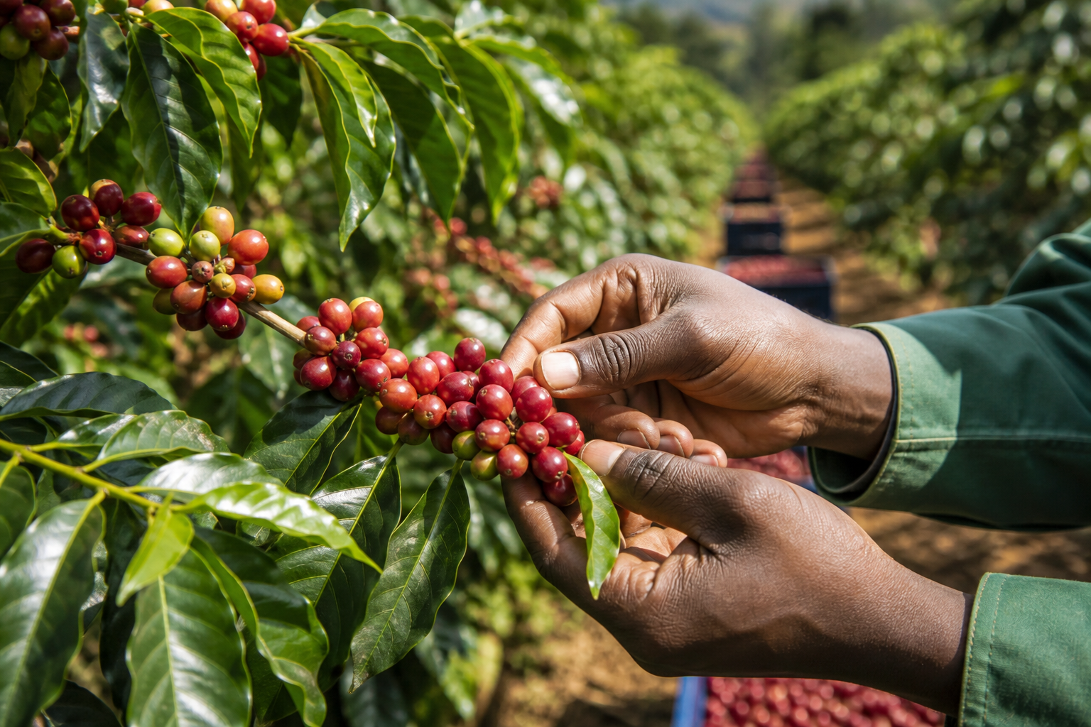 Kenyan coffee cherries being carefully inspected on the branch