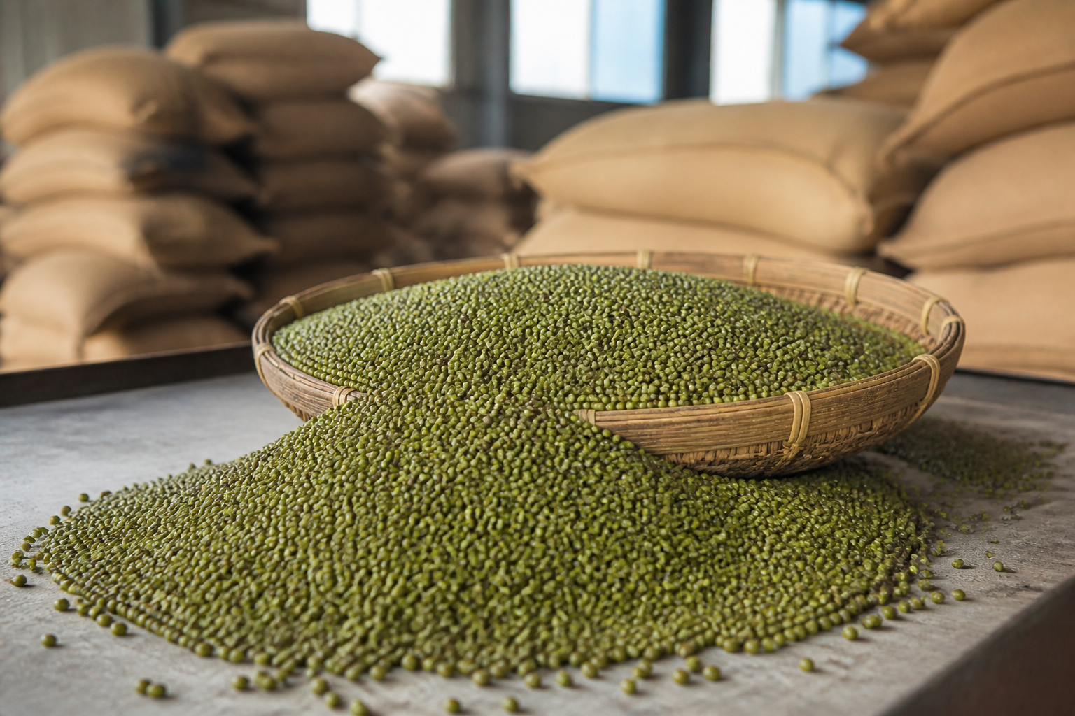 Clean green grams in a woven inspection basket at a commercial commodity warehouse