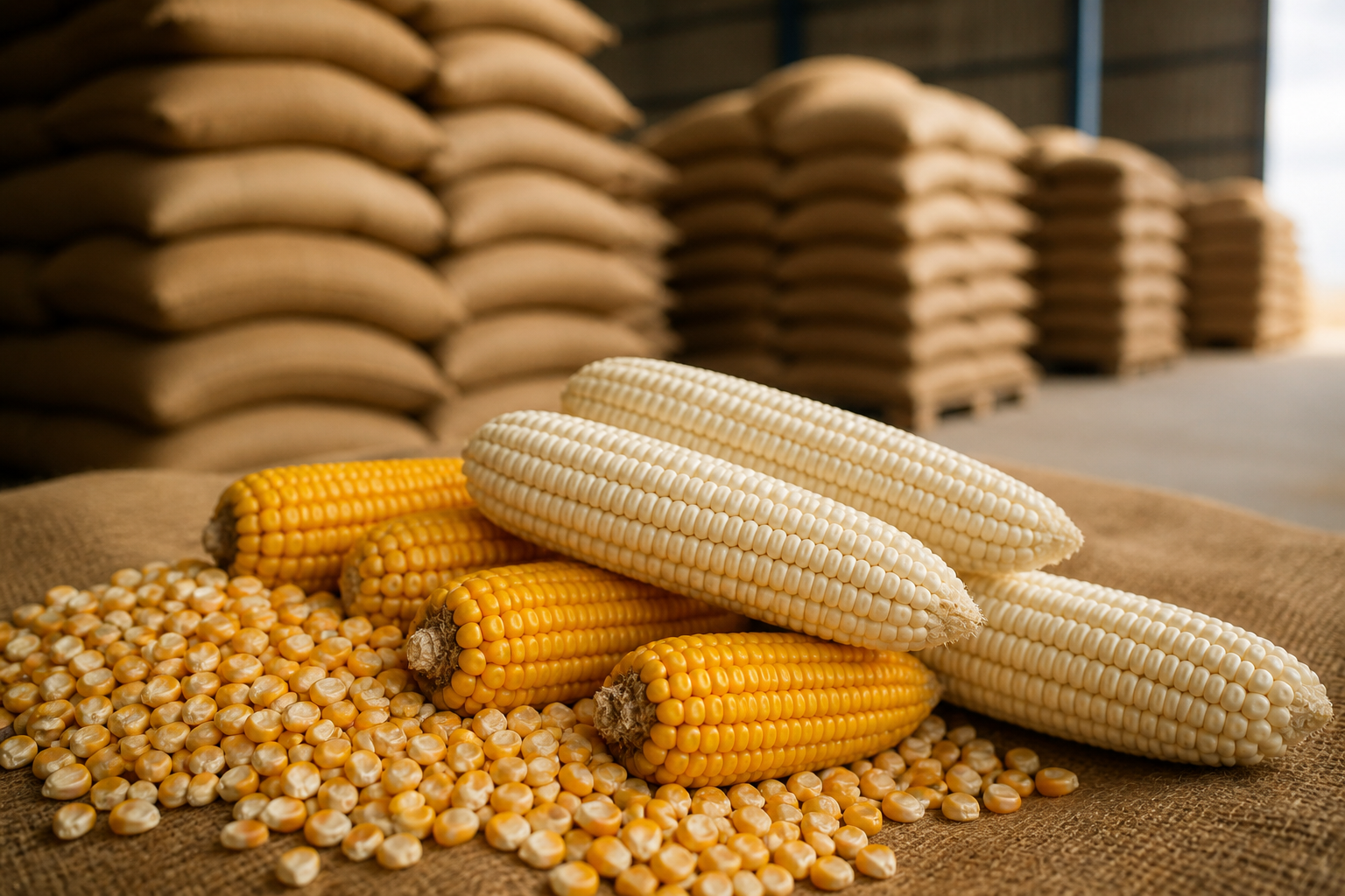 White and yellow maize with loose kernels in a commercial grain warehouse