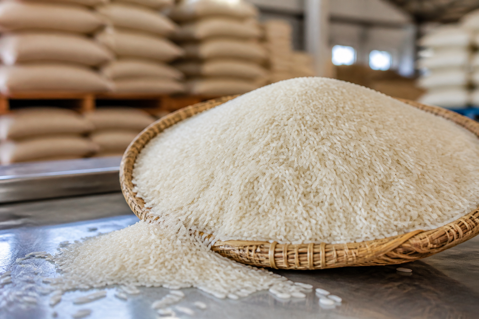 Milled long-grain rice in a quality-inspection basket inside a commercial warehouse