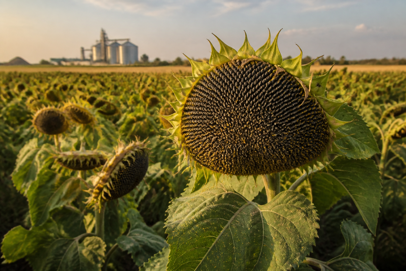 Mature sunflower crop near commercial agricultural storage infrastructure