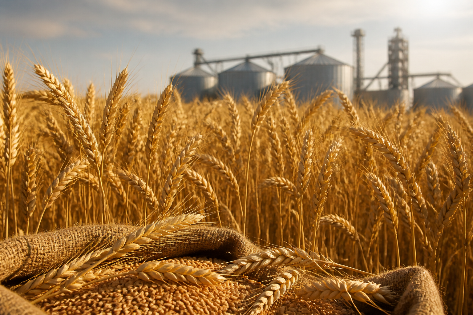 Mature wheat crop with commercial grain storage infrastructure in the distance