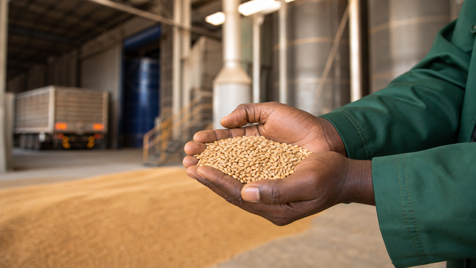 Agricultural quality professional holding wheat grain inside a commercial warehouse