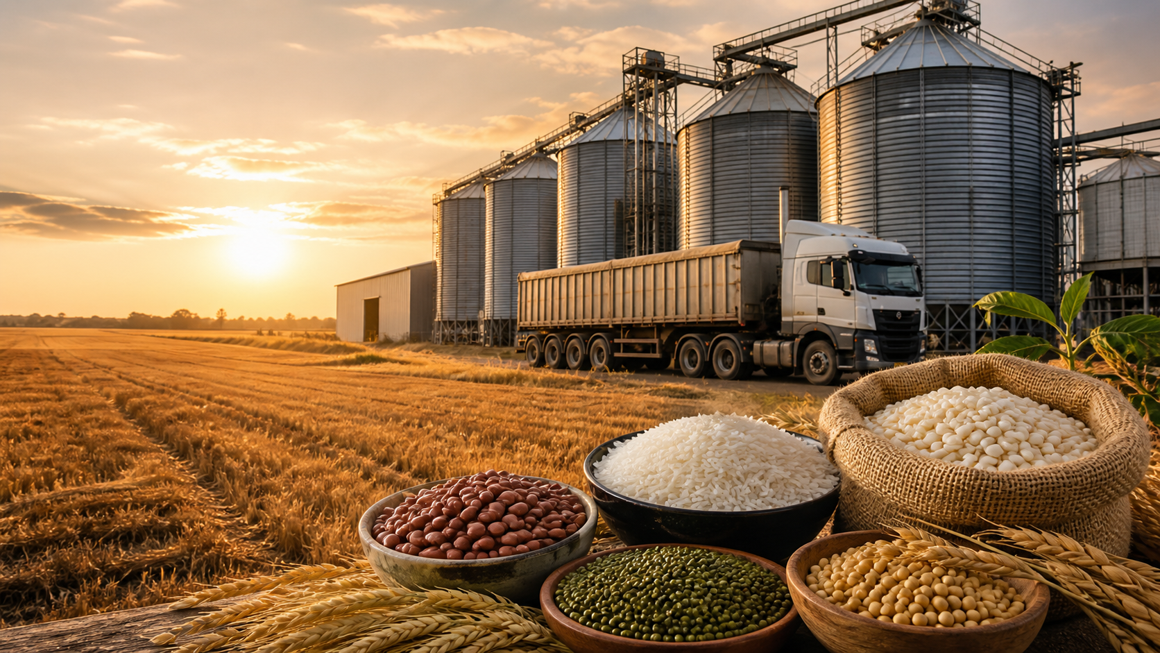 Commercial grain silos, bulk transport truck and maize, beans, rice and green grams at a storage facility