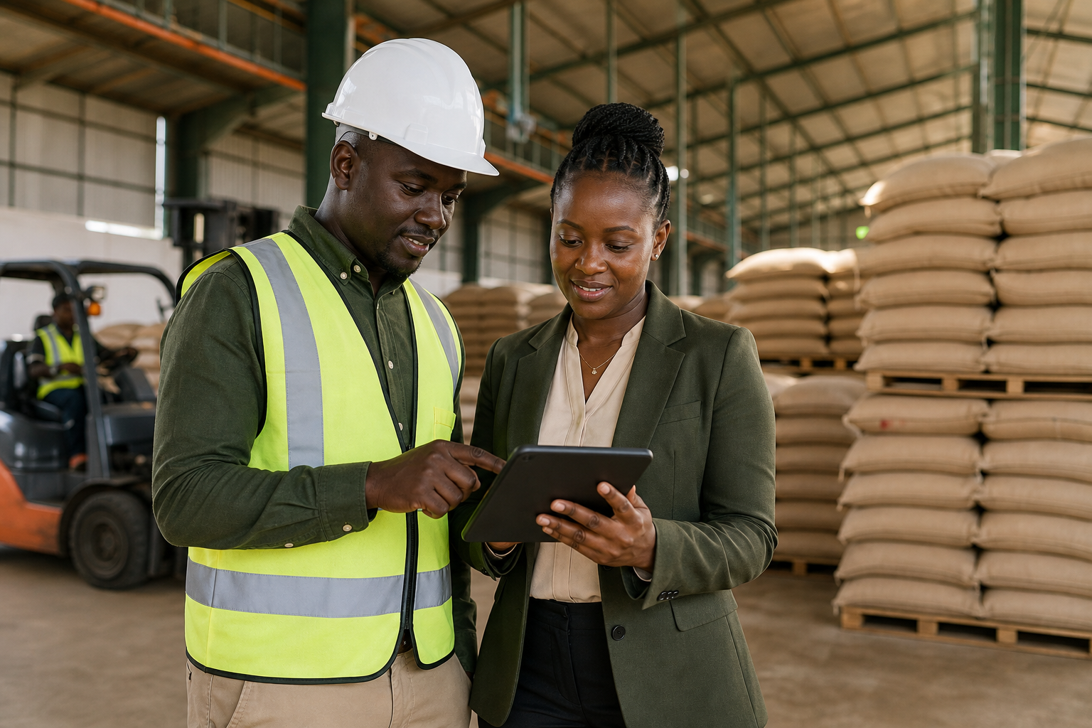 Professional procurement and warehouse operations team reviewing agricultural supply
