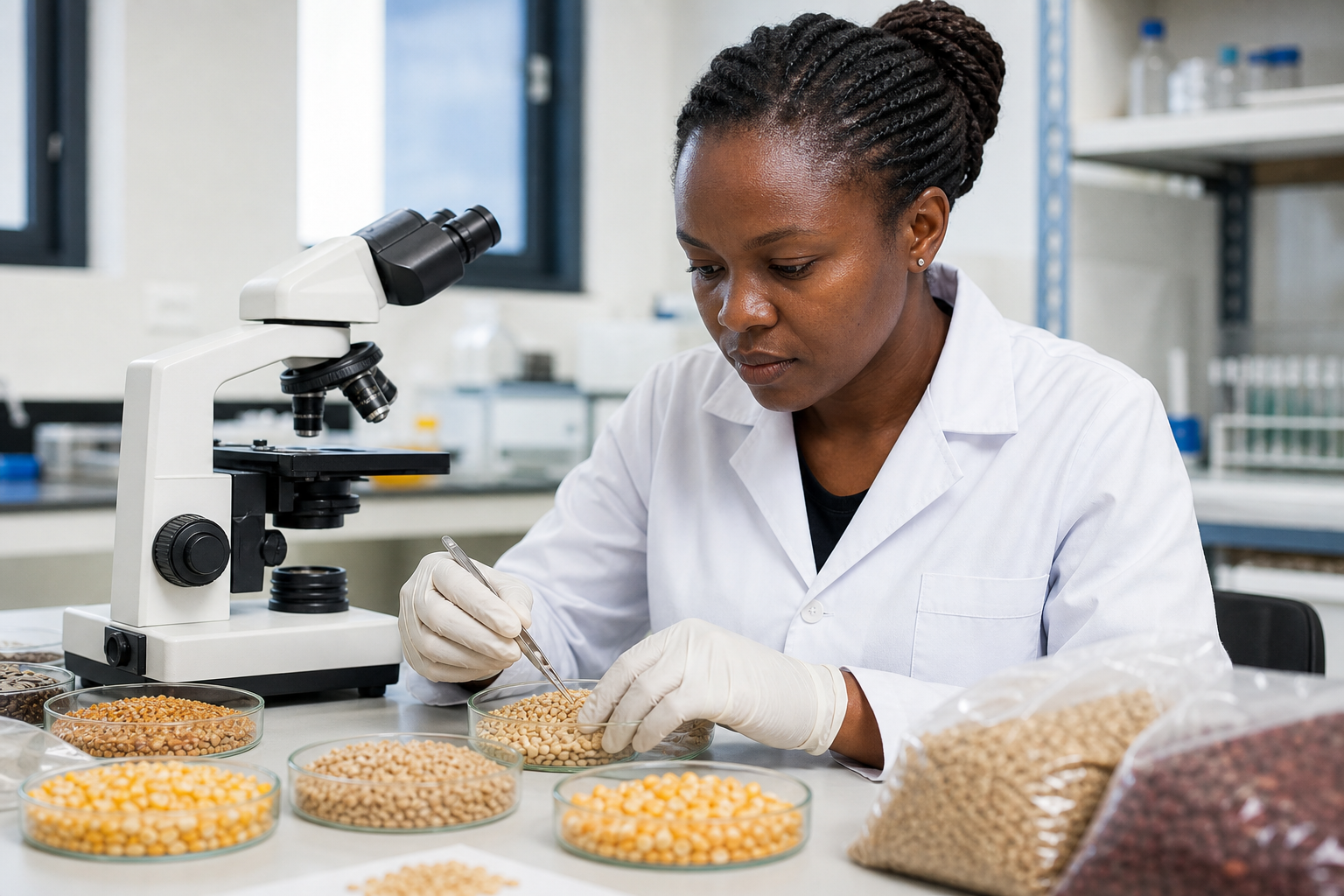 Independent quality-assurance professional inspecting grain samples in a laboratory