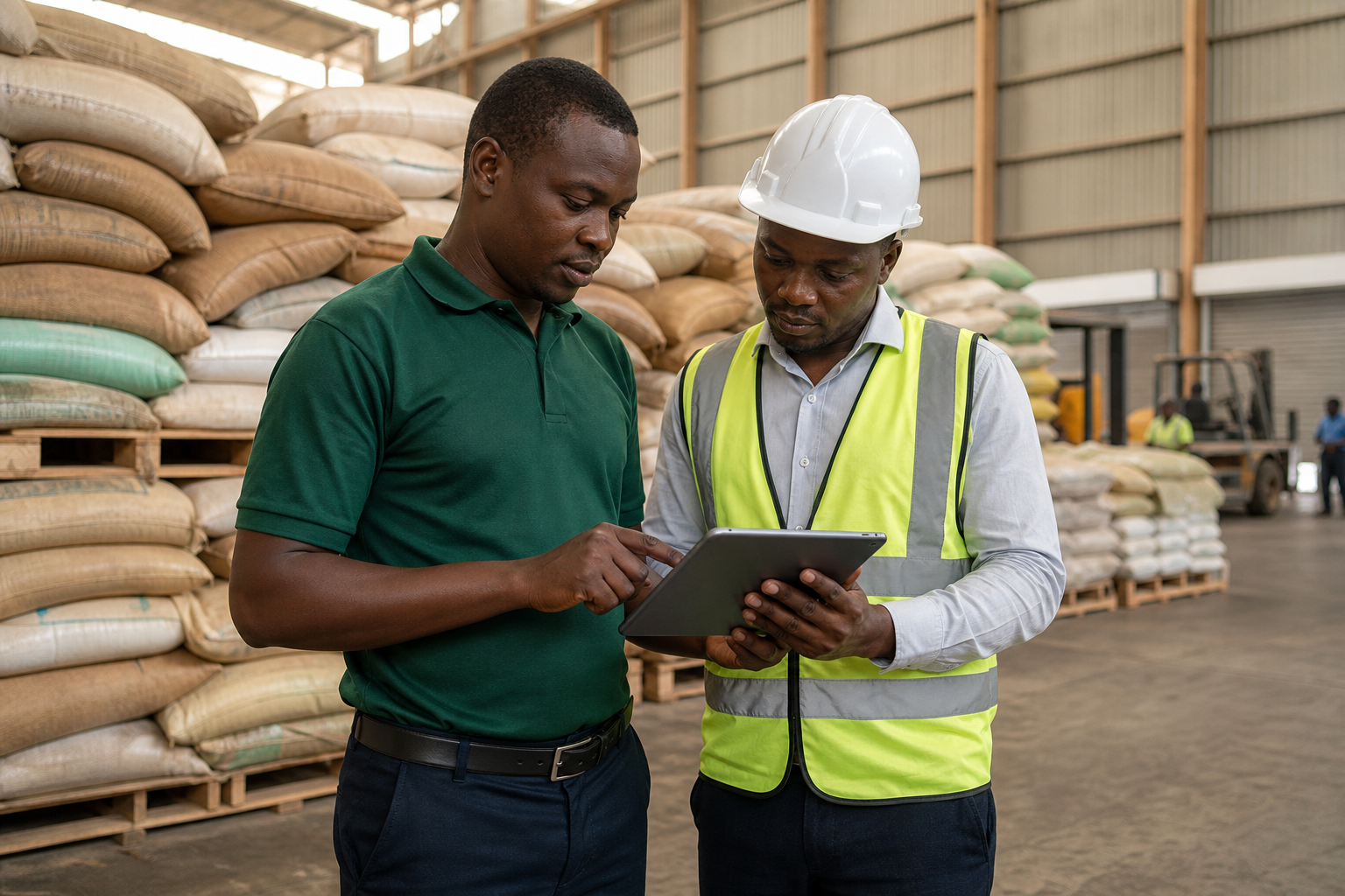 Professional agricultural warehouse personnel reviewing operations